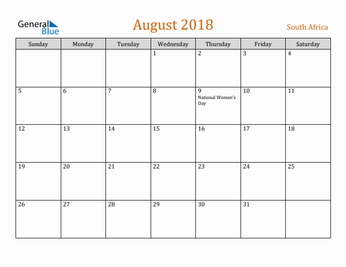 August 2018 Holiday Calendar with Sunday Start