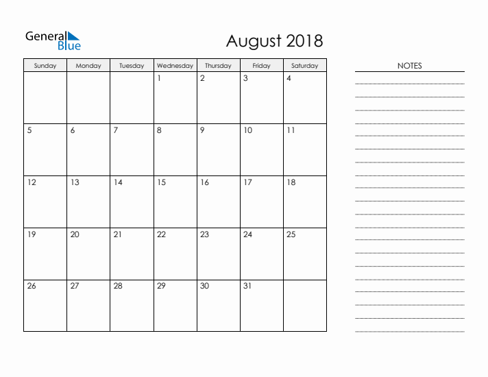 Printable Monthly Calendar with Notes - August 2018