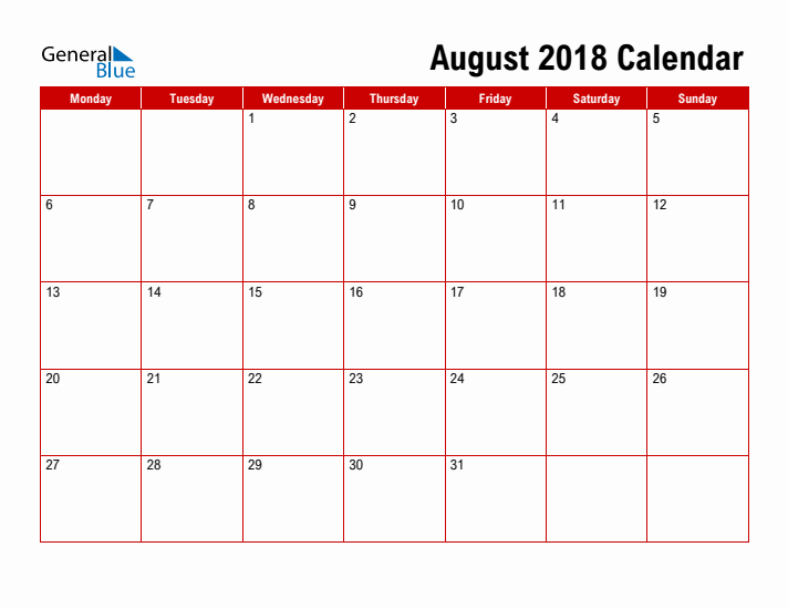 Simple Monthly Calendar - August 2018