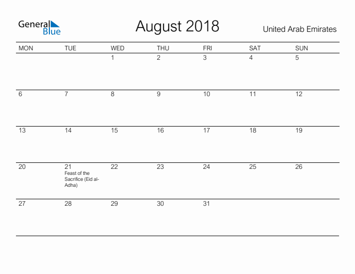 Printable August 2018 Calendar for United Arab Emirates