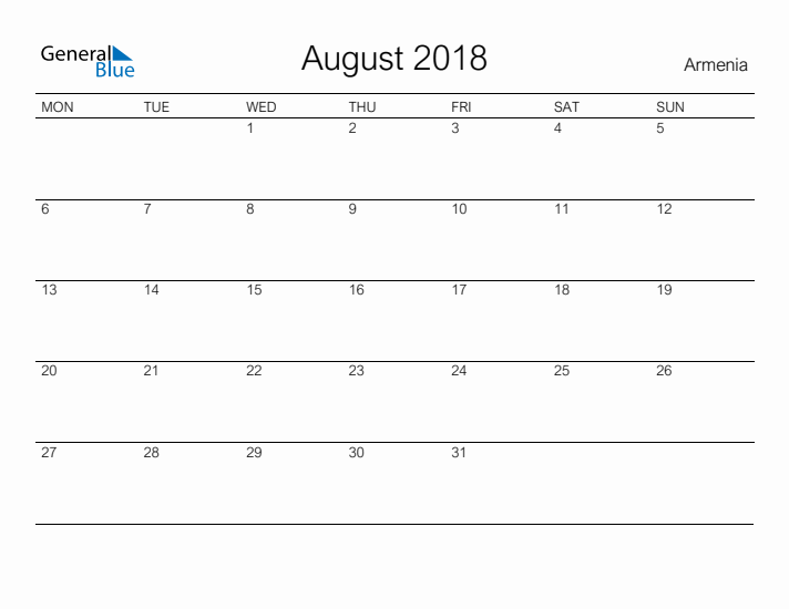 Printable August 2018 Calendar for Armenia