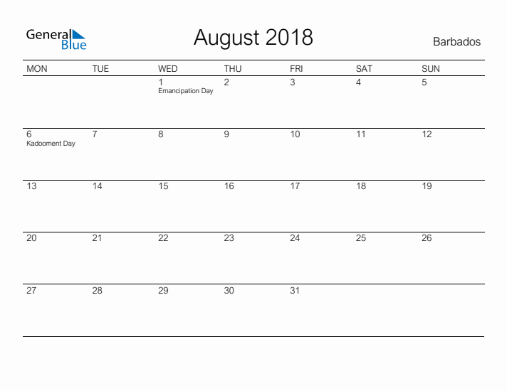 Printable August 2018 Calendar for Barbados