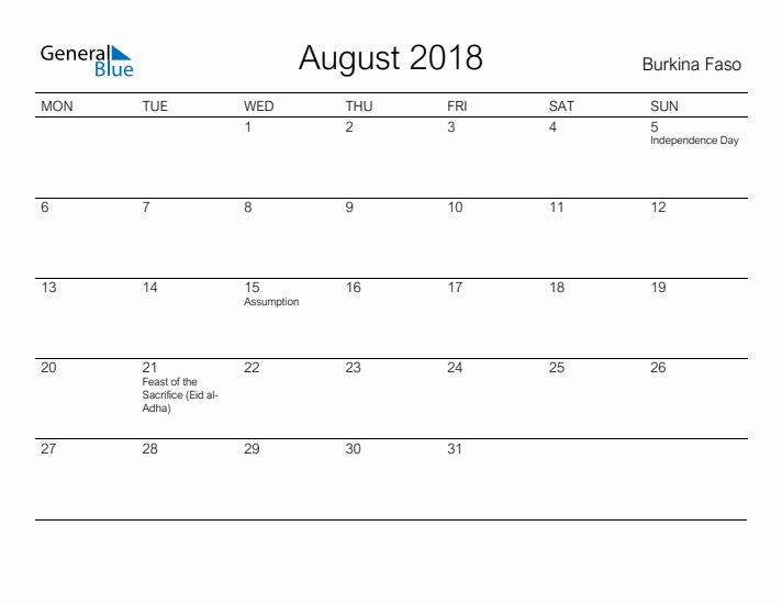 Printable August 2018 Calendar for Burkina Faso