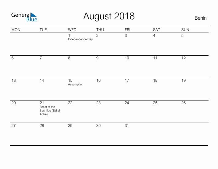 Printable August 2018 Calendar for Benin