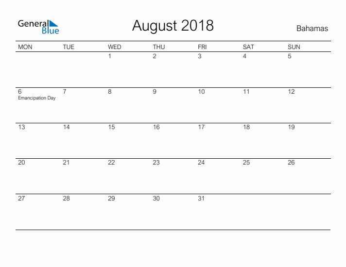 Printable August 2018 Calendar for Bahamas