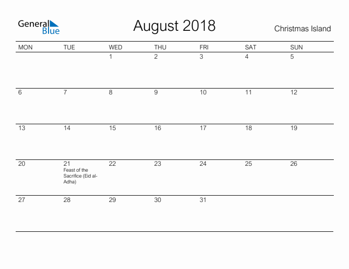 Printable August 2018 Calendar for Christmas Island