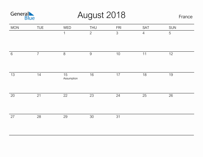 Printable August 2018 Calendar for France