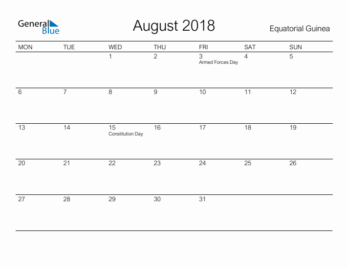 Printable August 2018 Calendar for Equatorial Guinea