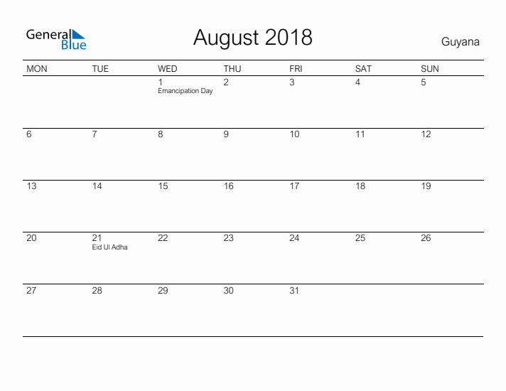 Printable August 2018 Calendar for Guyana