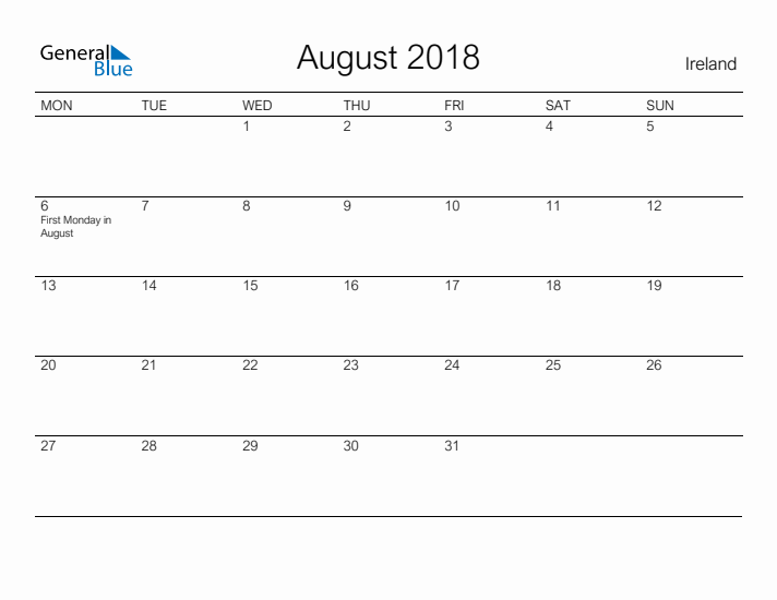 Printable August 2018 Calendar for Ireland