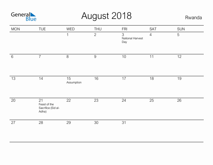 Printable August 2018 Calendar for Rwanda