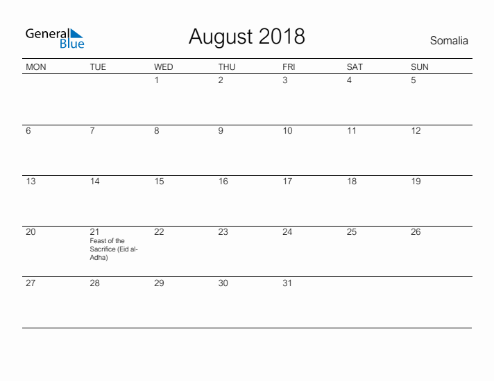 Printable August 2018 Calendar for Somalia