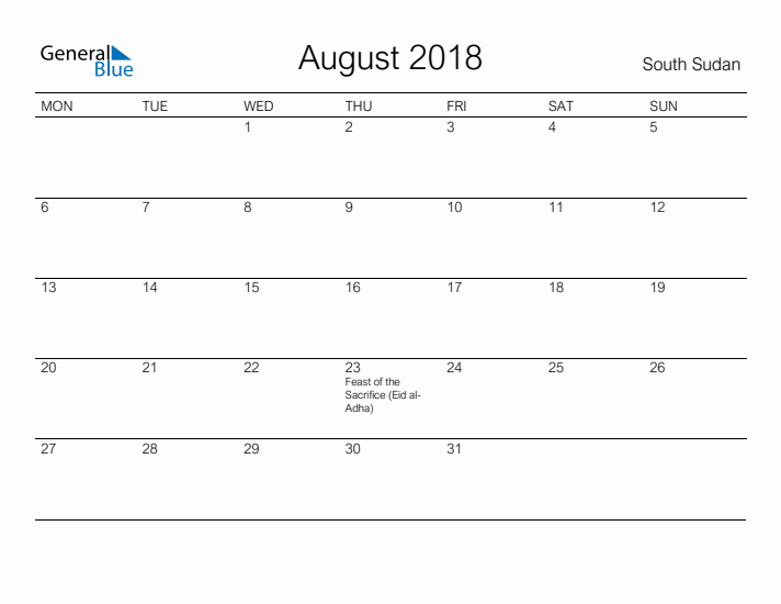 Printable August 2018 Calendar for South Sudan