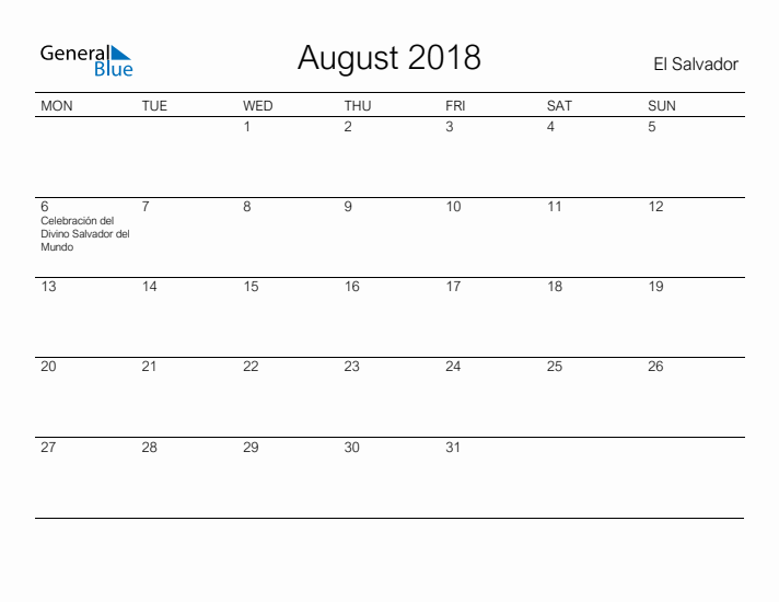 Printable August 2018 Calendar for El Salvador