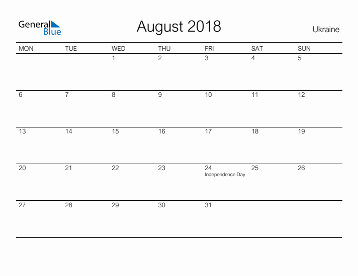 Printable August 2018 Calendar for Ukraine