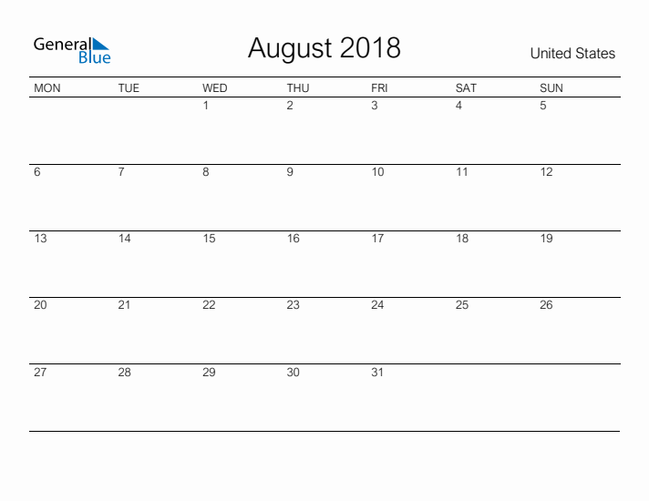 Printable August 2018 Calendar for United States