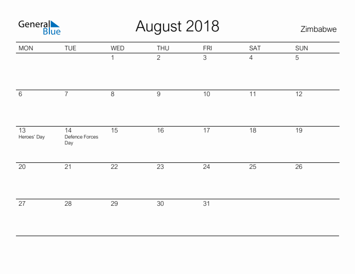 Printable August 2018 Calendar for Zimbabwe