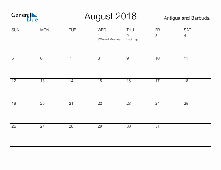 Printable August 2018 Calendar for Antigua and Barbuda