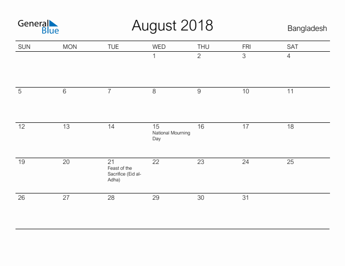 Printable August 2018 Calendar for Bangladesh