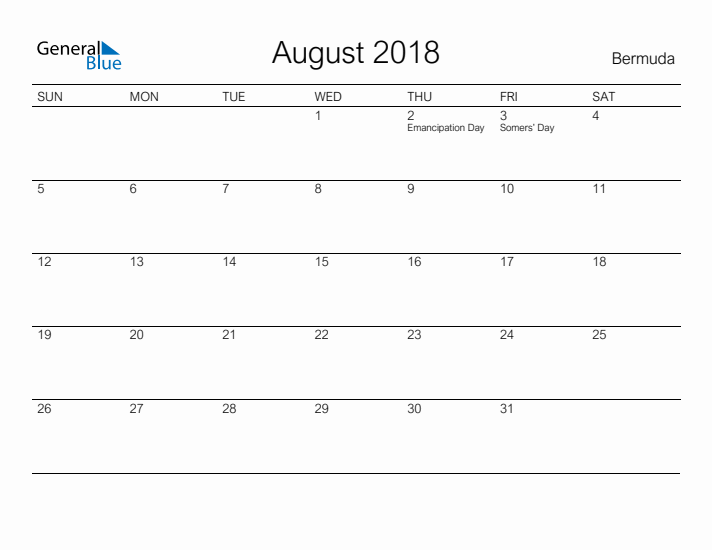 Printable August 2018 Calendar for Bermuda