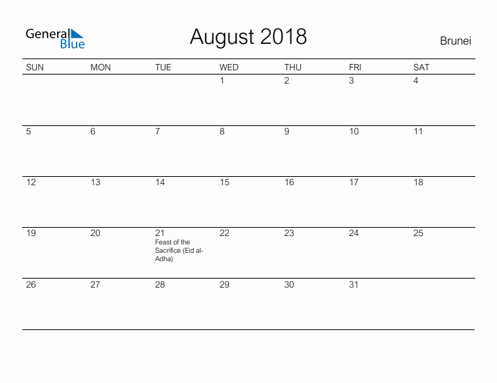 Printable August 2018 Calendar for Brunei