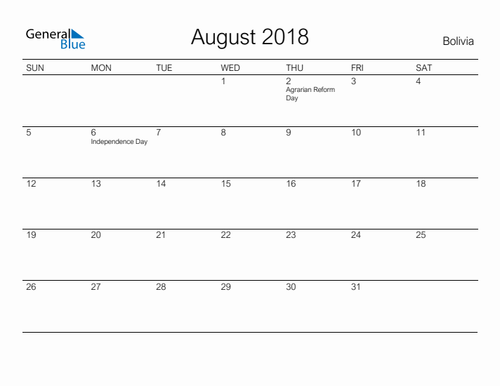 Printable August 2018 Calendar for Bolivia