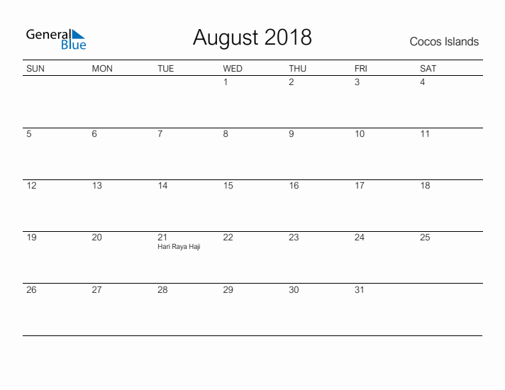 Printable August 2018 Calendar for Cocos Islands