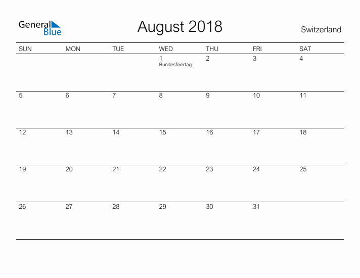 Printable August 2018 Calendar for Switzerland