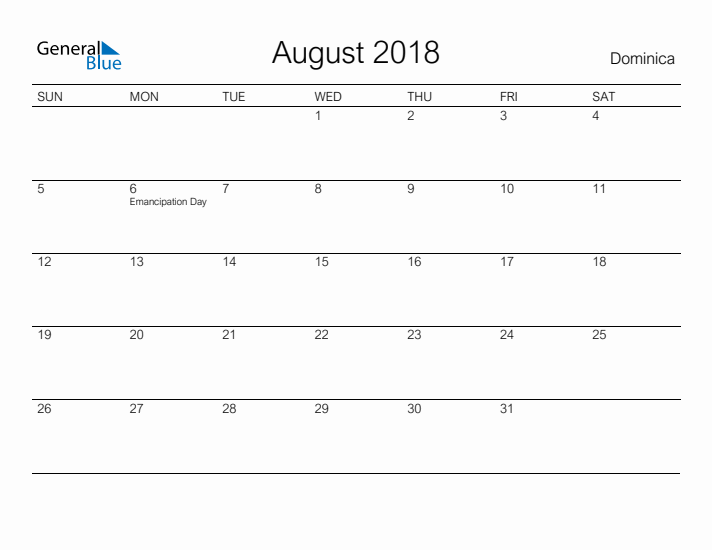 Printable August 2018 Calendar for Dominica