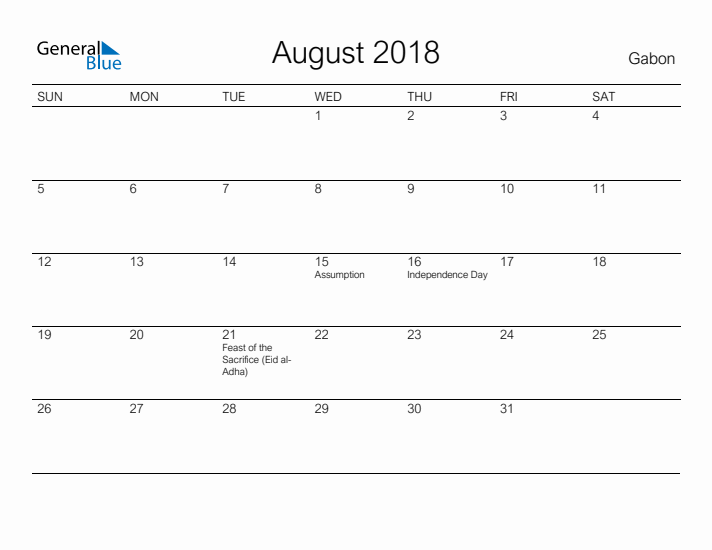 Printable August 2018 Calendar for Gabon