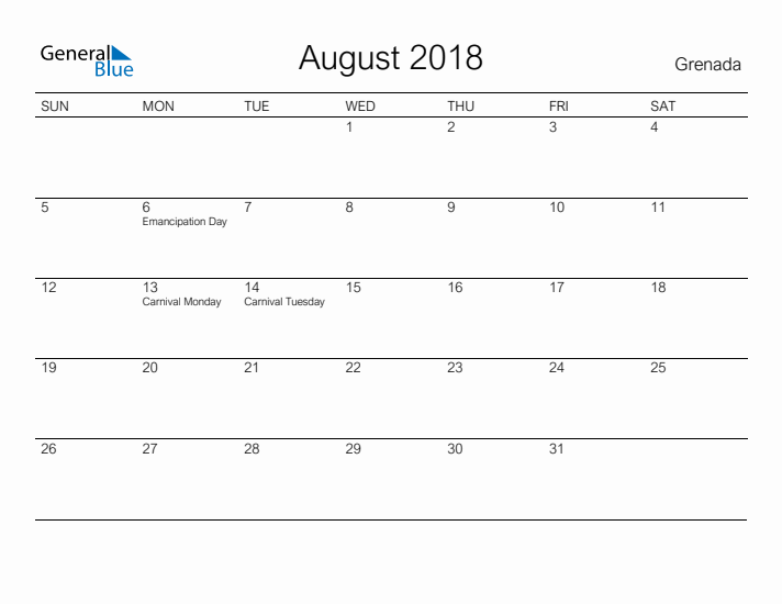 Printable August 2018 Calendar for Grenada