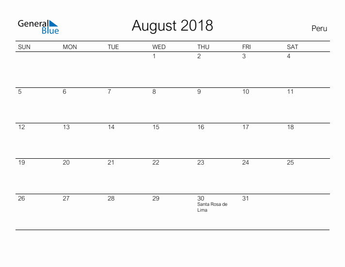 Printable August 2018 Calendar for Peru