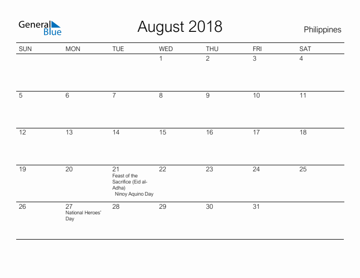 Printable August 2018 Calendar for Philippines