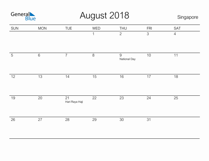 Printable August 2018 Calendar for Singapore