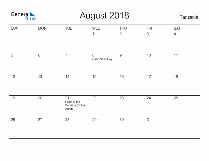 Printable August 2018 Calendar for Tanzania