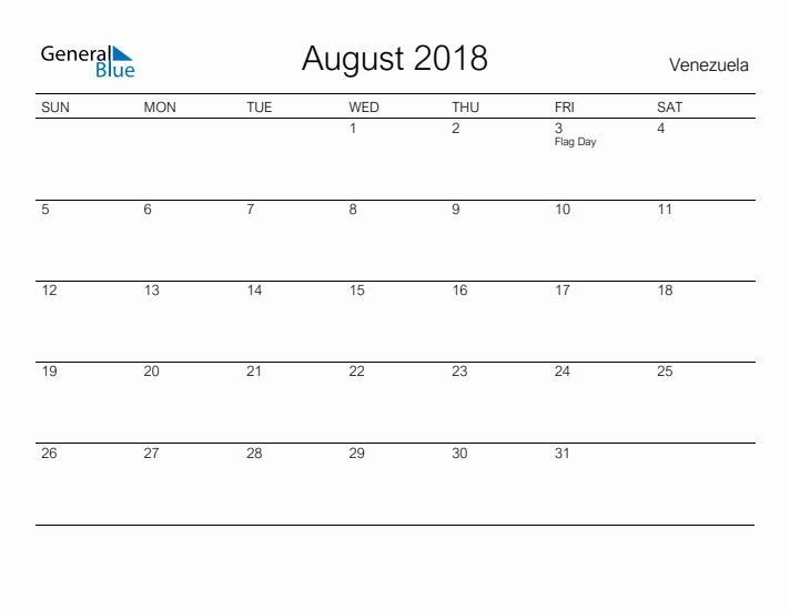 Printable August 2018 Calendar for Venezuela