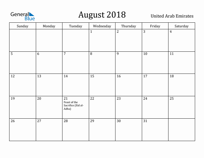 August 2018 Calendar United Arab Emirates