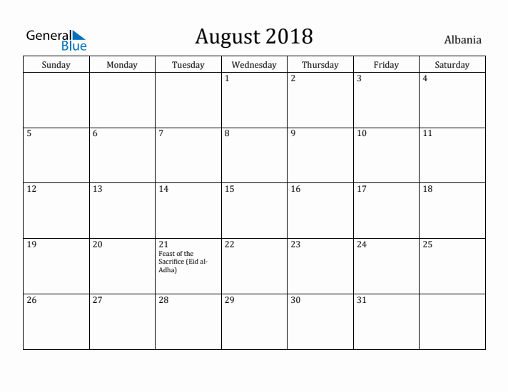 August 2018 Calendar Albania