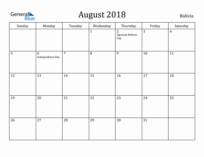 August 2018 Calendar Bolivia