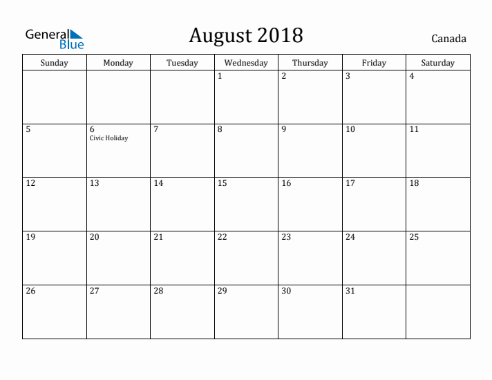 August 2018 Calendar Canada