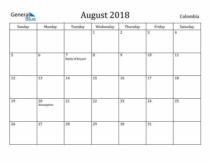 August 2018 Calendar Colombia