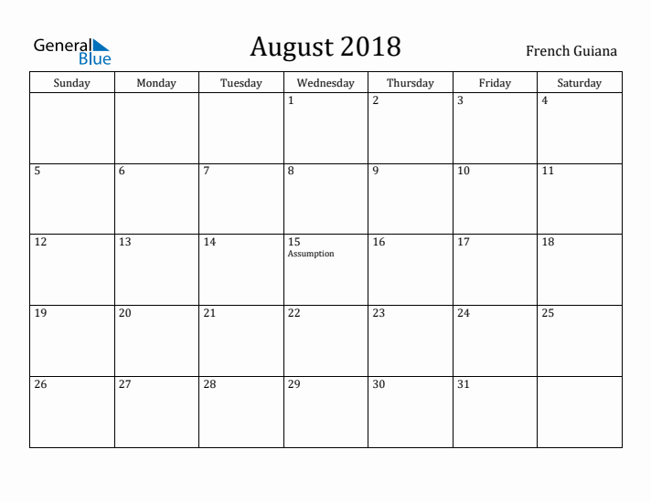 August 2018 Calendar French Guiana