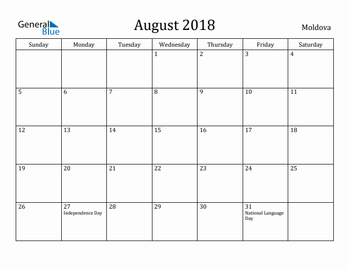 August 2018 Calendar Moldova