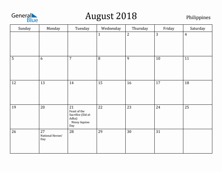 August 2018 Calendar Philippines