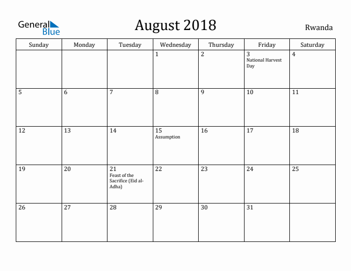 August 2018 Calendar Rwanda