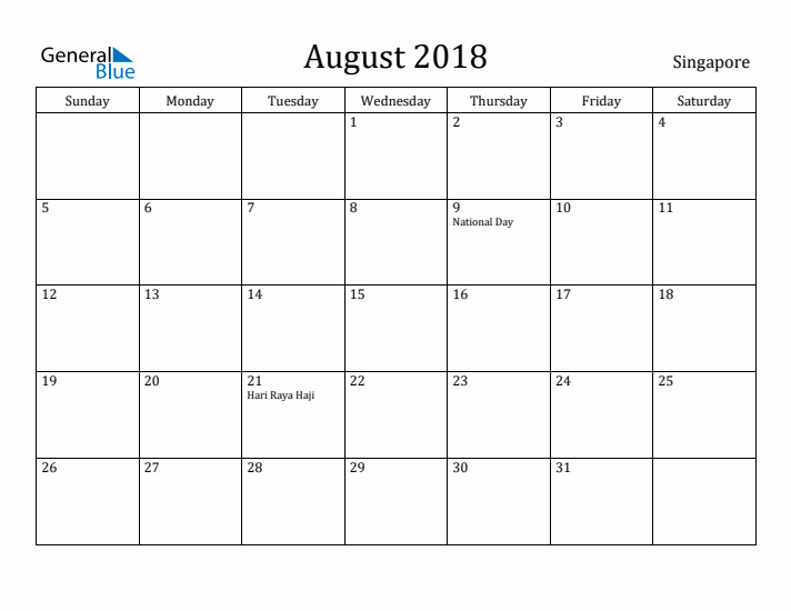 August 2018 Calendar Singapore