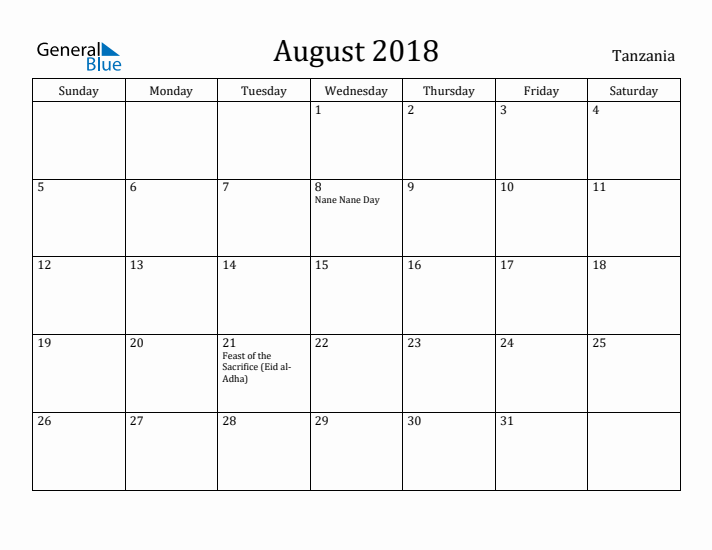 August 2018 Calendar Tanzania