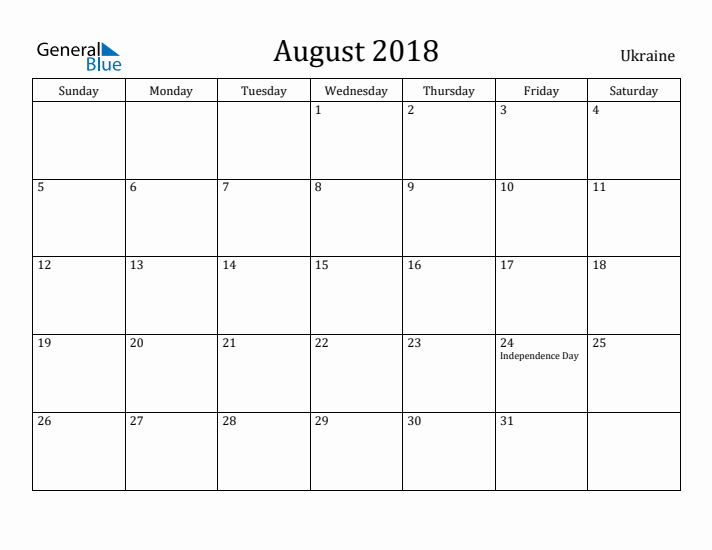 August 2018 Calendar Ukraine