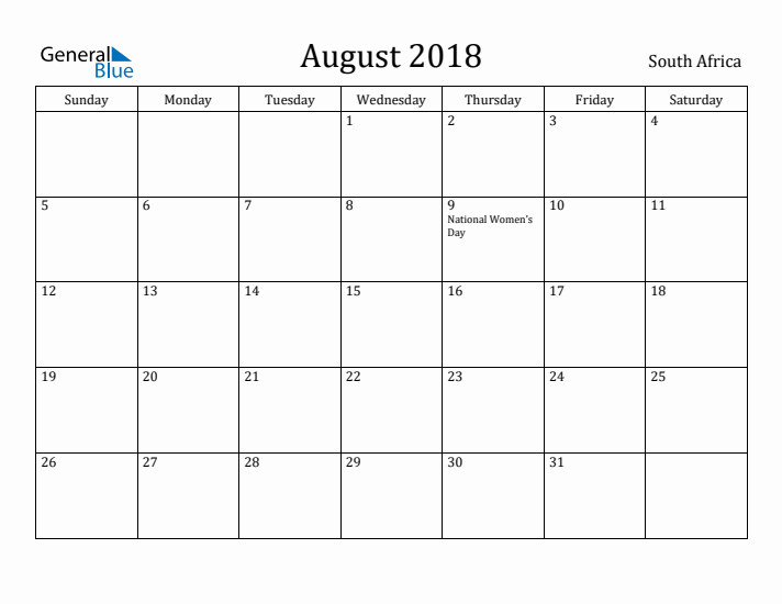 August 2018 Calendar South Africa