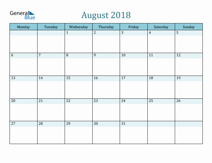 August 2018 Printable Calendar